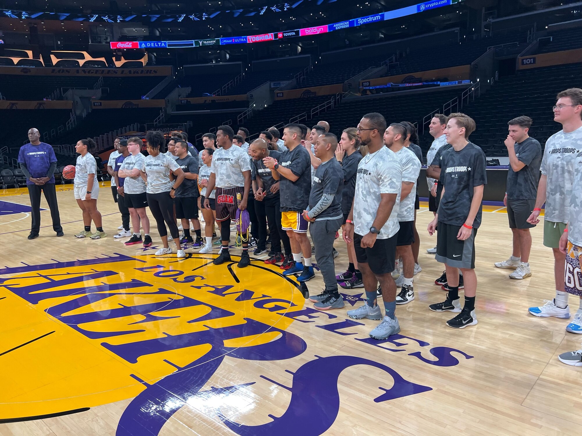 On Nov. 15, the Los Angeles Lakers hosted service members from Space Systems Command and Space Base Delta 3 at the Crypto.com arena as part of their annual Veterans Day Hoops for Troops. Five-time NBA Champion, Michael Cooper, and the Lakers athletics team, energized troops in attendance with basketball drills, motivational quips, feats of friendly competition, and a dance contest. SSC and SBD 3 friends and family were also in attendance to cheer on their loved ones, snap photos, and dance from the sidelines. After the basketball clinic, participants and their guests attended the Lakers versus the Sacramento Kings’ evening game. Photo by Edgar Nava, Space Systems Command.