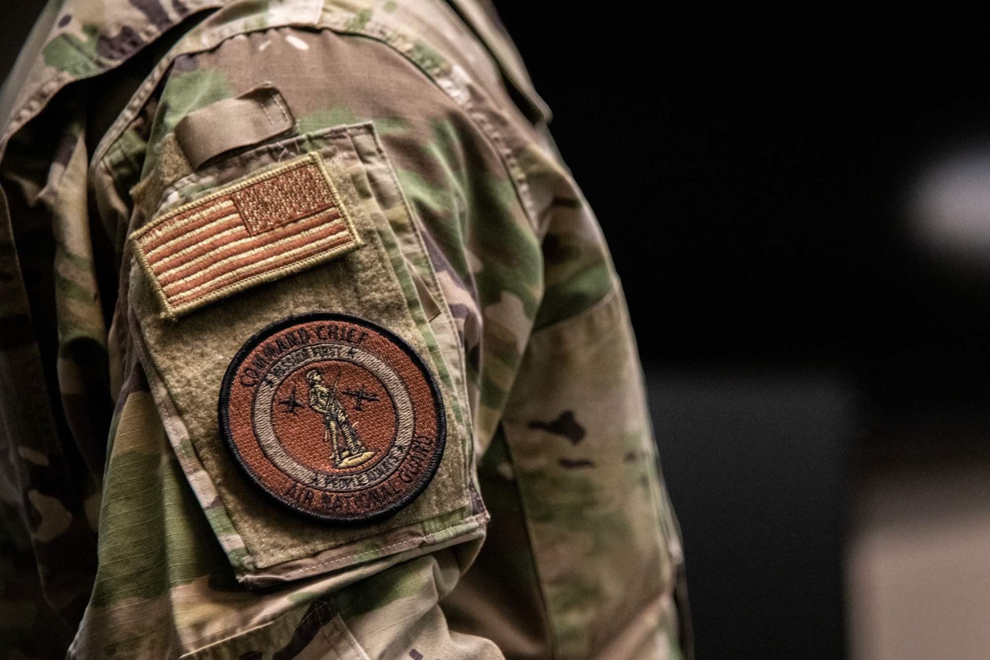 A photo of a U.S. Air Force patch for the office of the Air National Guard command chief attached to the uniform of Chief Master Sgt. Maurice L. Williams.