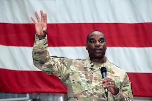 A photo of Chief Master Sgt. Maurice L. Williams speaking to the enlisted Airmen of the 177th Fighter Wing.