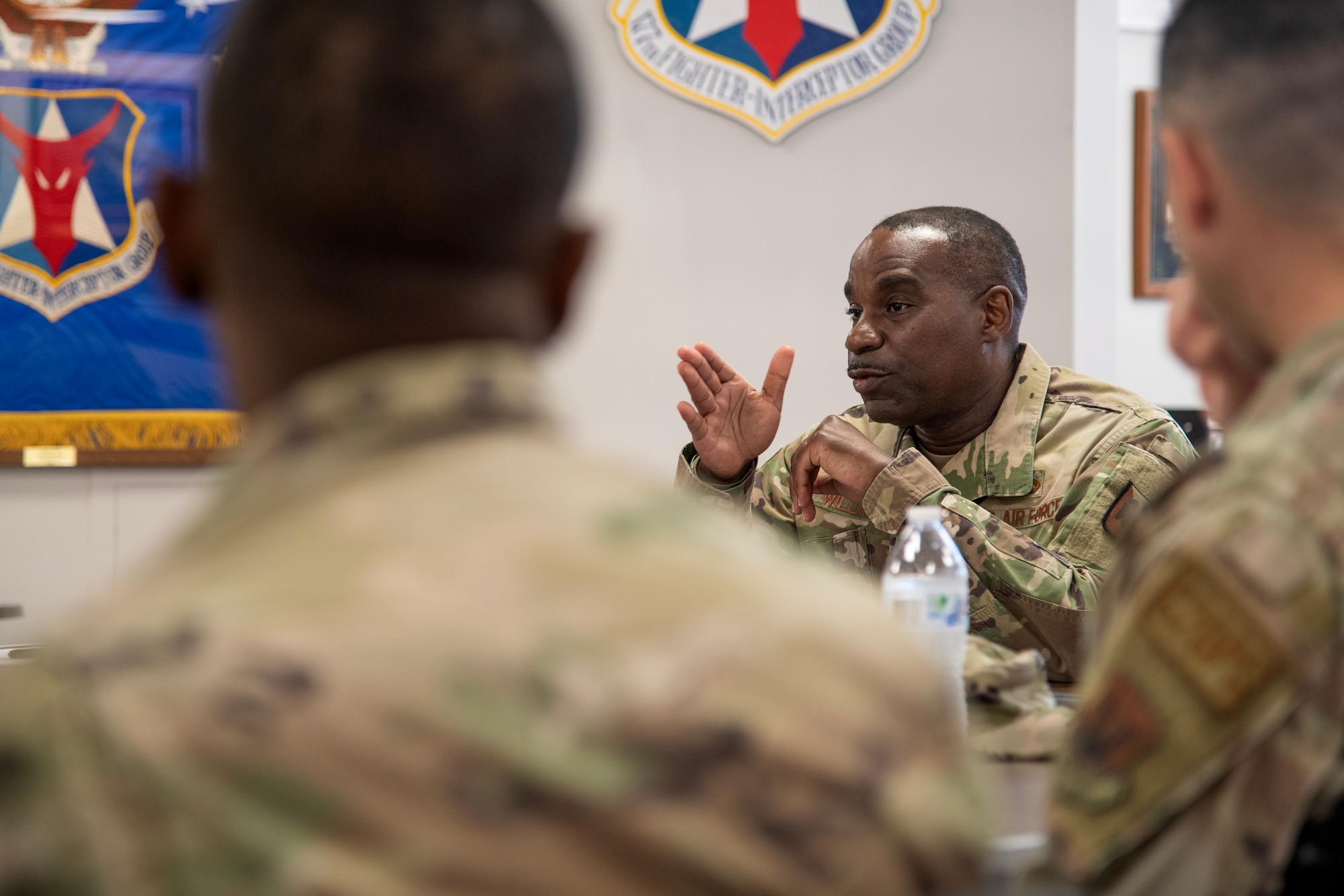 A photo of Chief Master Sgt. Maurice L. Williams speaking to Airmen of the 177th Fighter Wing.