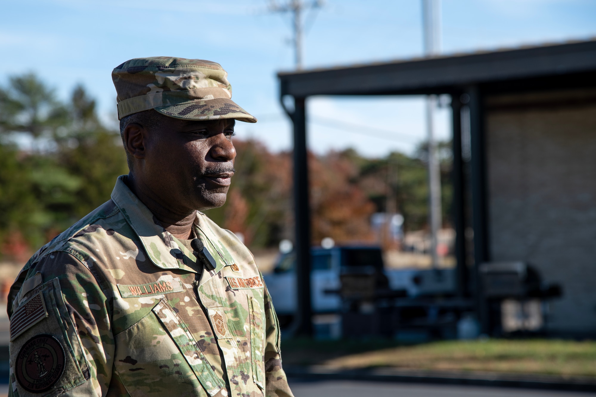 A photo of Chief Master Sgt. Maurice L. Williams answering questions for an interview.