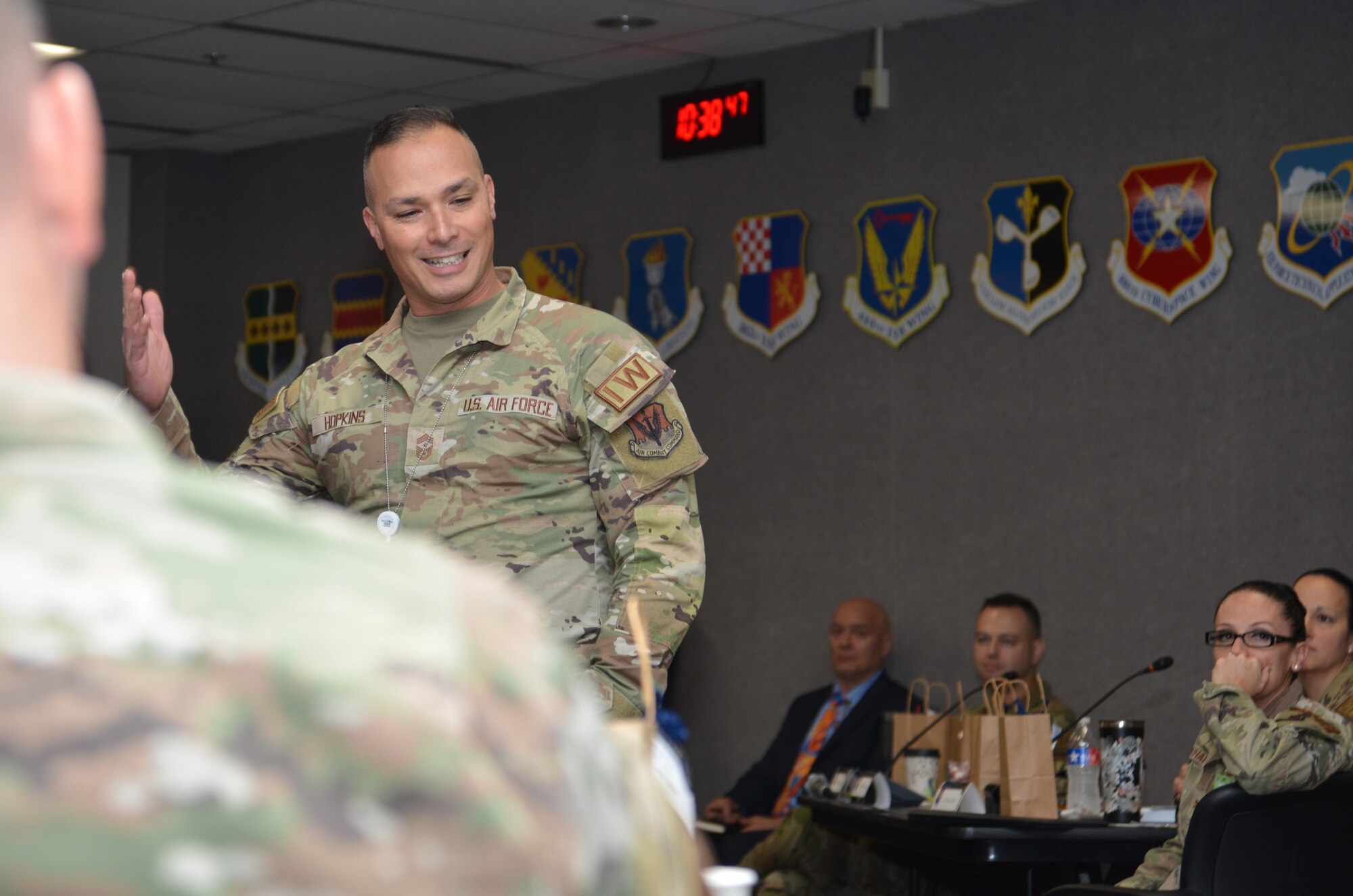 Chief Master Sgt. Robert Hopkins, 16th Air Force command chief, provides closing remarks for the 2023 Senior Leader Summit at Joint Base San Antonio, Texas, Nov. 9, 2023.