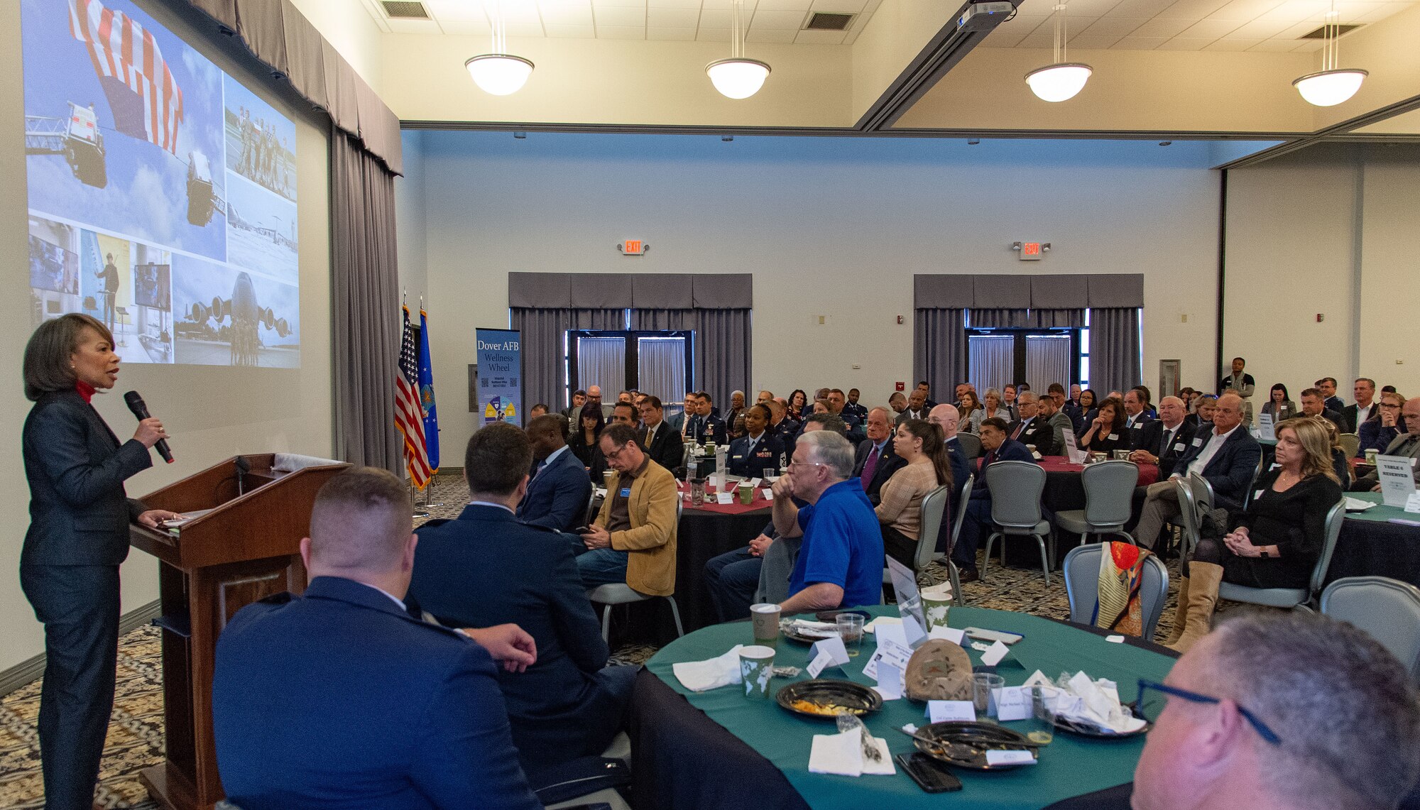Delaware Rep. Lisa Blunt Rochester, speaks to U.S. congressional delegates from Delaware, Central Delaware Chamber of Commerce members, local civic and business leaders and Team Dover members at the 2023 State of the Base briefing on Dover Air Force Base, Delaware, Nov. 20, 2023. The event, hosted by the CDCC, informed attendees on community partnership initiatives and the impact that Team Dover has on the state and local economies. (U.S. Air Force photo by Roland Balik)