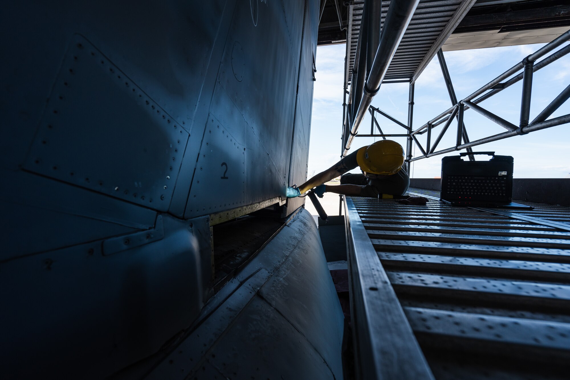 U.S. Air Force Airman 1st Class Bradley Belmont, 6th Maintenance Squadron crew chief, inspects the tail of a KC-135 Stratotanker at MacDill Air Force Base, Florida, Nov. 21, 2023.