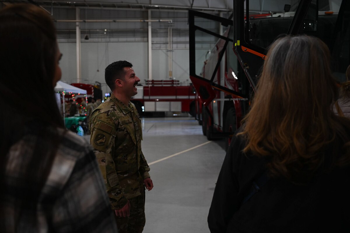 U.S. Air Force Staff Sgt. Matthew Adcock, 312th Training Squadron fire instructor, showcases different fire trucks during the 41st Santa’s Market at the Louis F. Garland Department of Defense Fire Academy, Goodfellow Air Force Base, Texas, Nov. 18, 2023. The 312th TRS’s mission is to train, develop and inspire warriors to deliver fire emergency services and nuclear treaty monitoring for the DoD and our international partners.