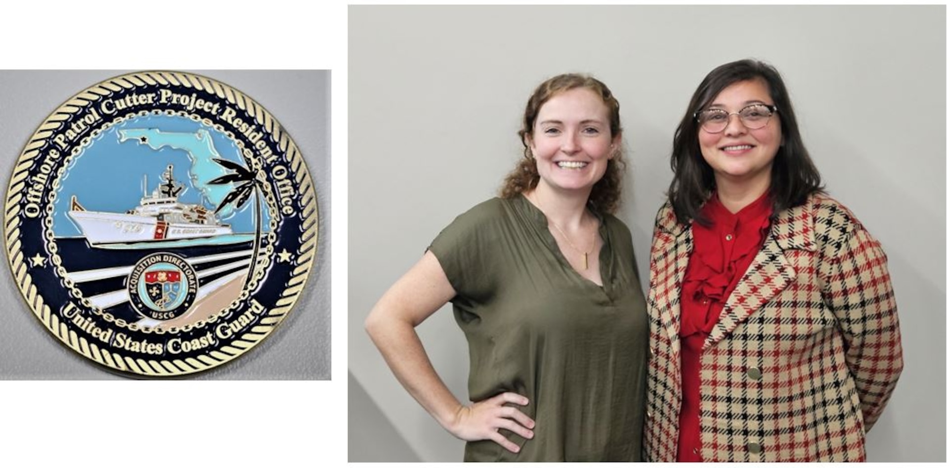 The United States Coast Guard’s (USCG) Offshore Patrol Cutter (OPC) Project Resident Office administration Commander Coin and a photo of two professional people posing together against a plain background.