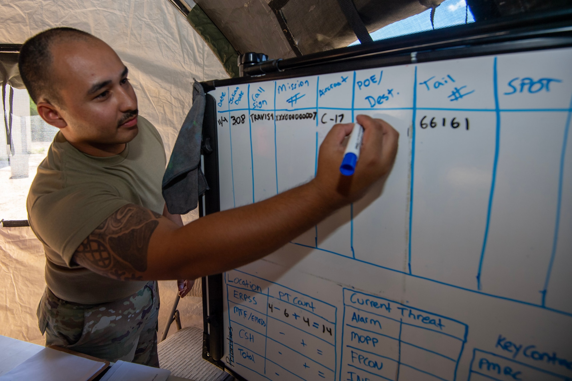 Staff Sgt. Julian Arroyo, 624th Aeromedical Staging Squadron, who works in command and control, tracks patients during En Route Patient Staging System training event, Joint Base Pearl Harbor-Hickam, Nov. 4, 2023.