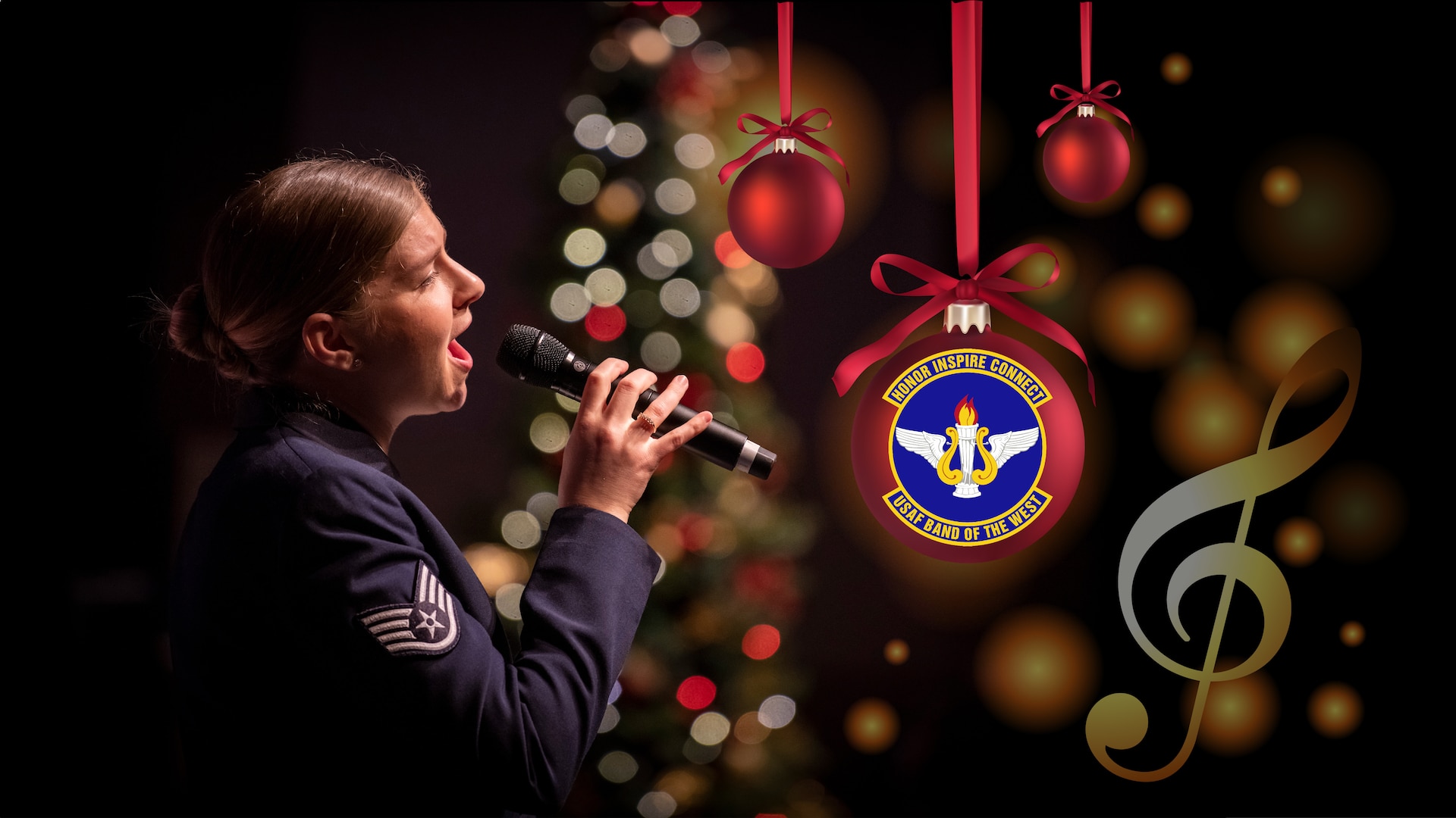 Female singer holding microphone. Background is a decorated Christmas tree.