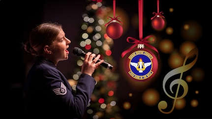 Female singer holding microphone. Background is a decorated Christmas tree.