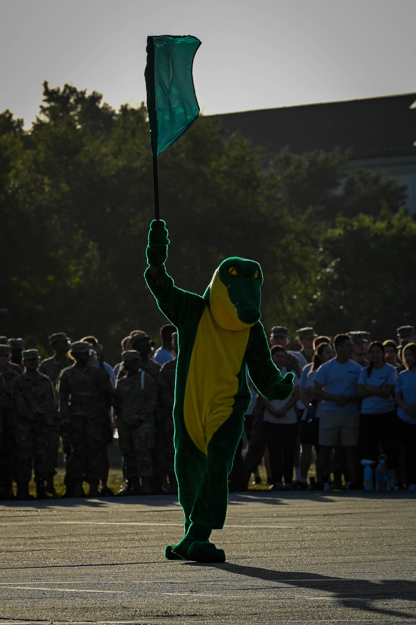 The mascot of the 334th Training Squadron, the Gators, hypes up the audience before the Fourth Quarter Drill Down competition on the Levitow Training Support Facility drill pad at Keesler Air Force Base, Mississippi, Oct. 27, 2023.