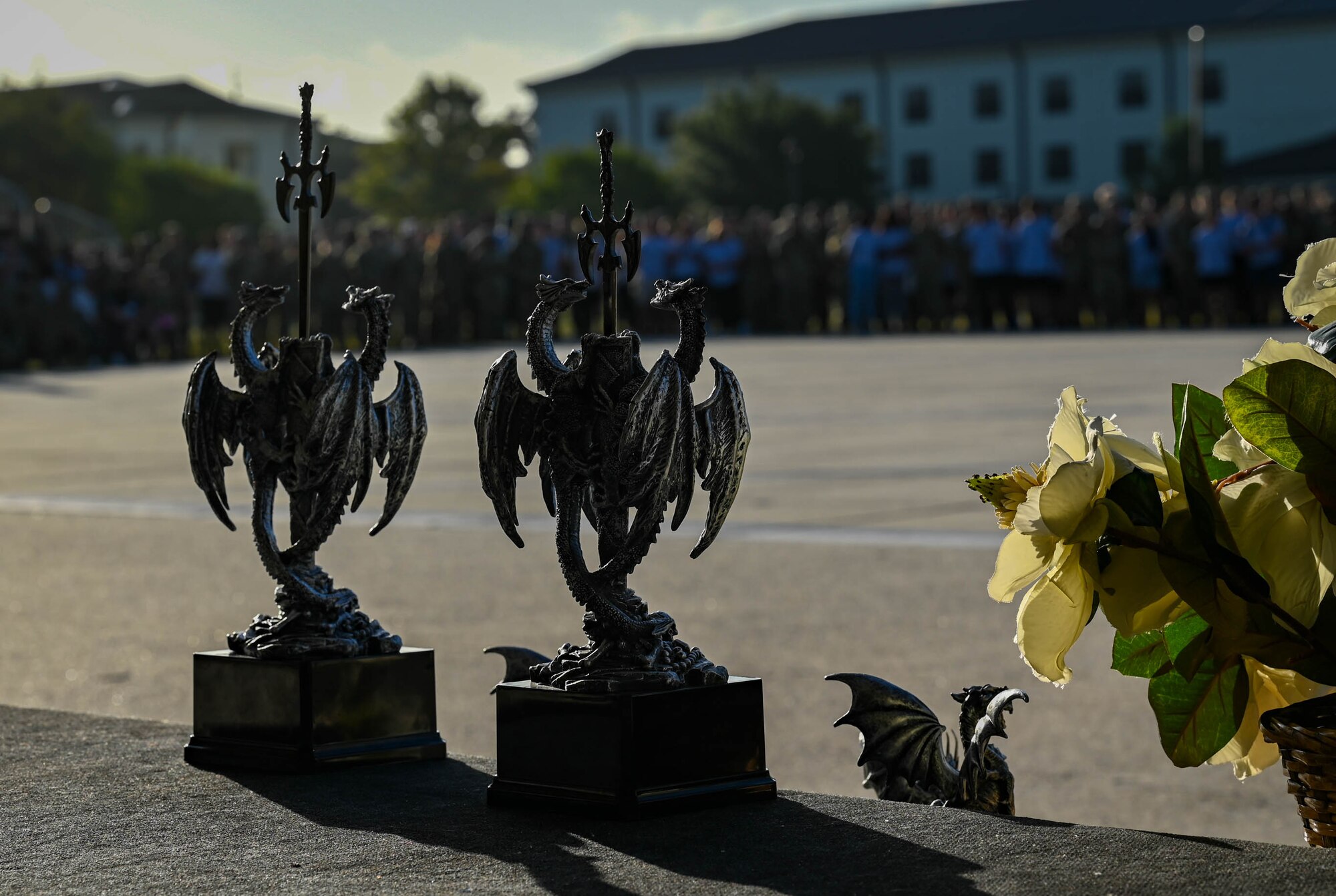 Awards for winners of the Fourth Quarter Drill Down competition are placed on the stage at the Levitow Training Support Facility drill pad on Keesler Air Force Base, Mississippi, Oct., 27, 2023.