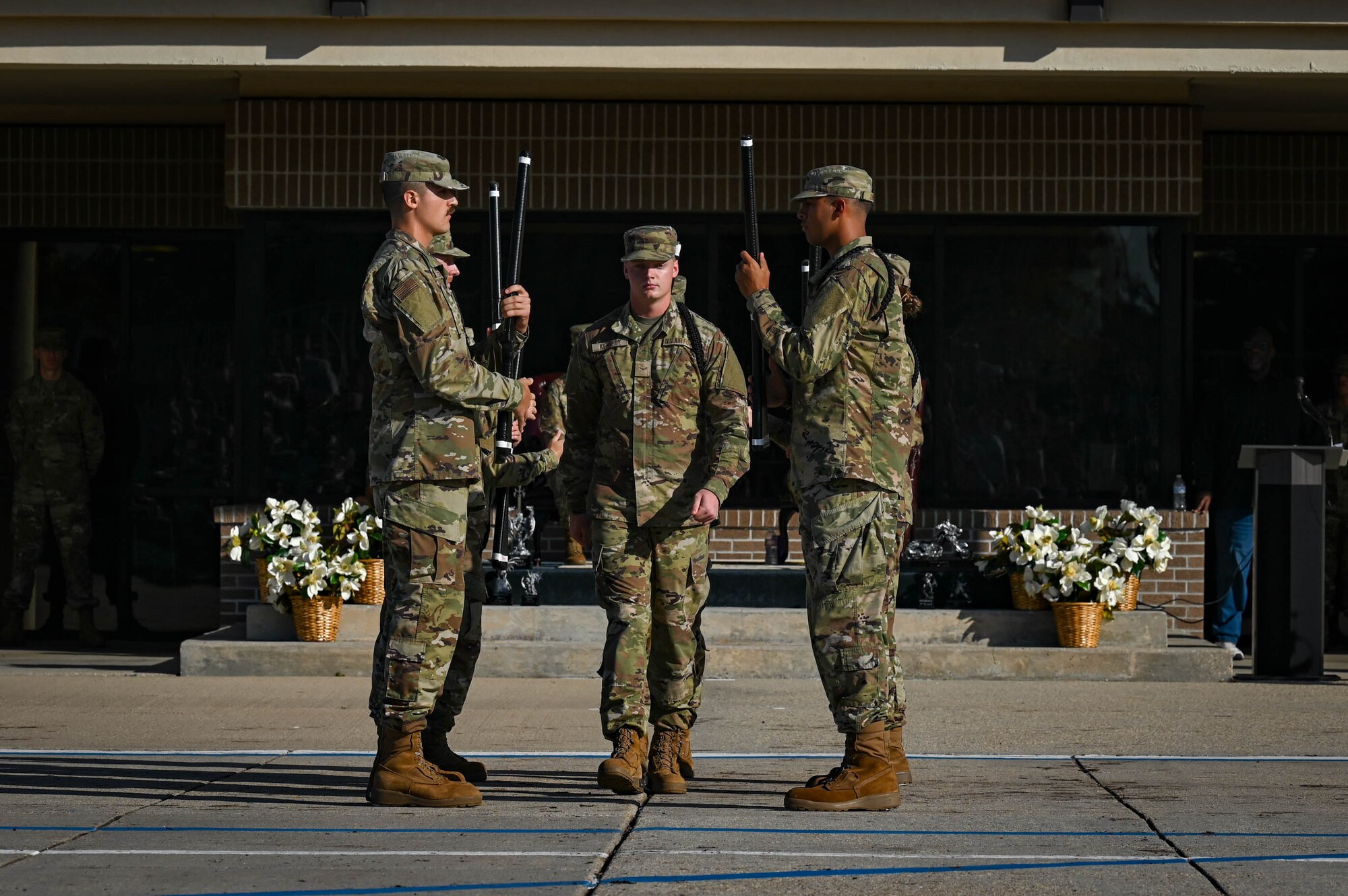 Airmen from the 81st Training Group perform a freestyle drill routine at the Fourth Quarter Drill Down competition at the Levitow Training Support Facility drill pad on Keesler Air Force Base, Mississippi, Oct. 27, 2023.