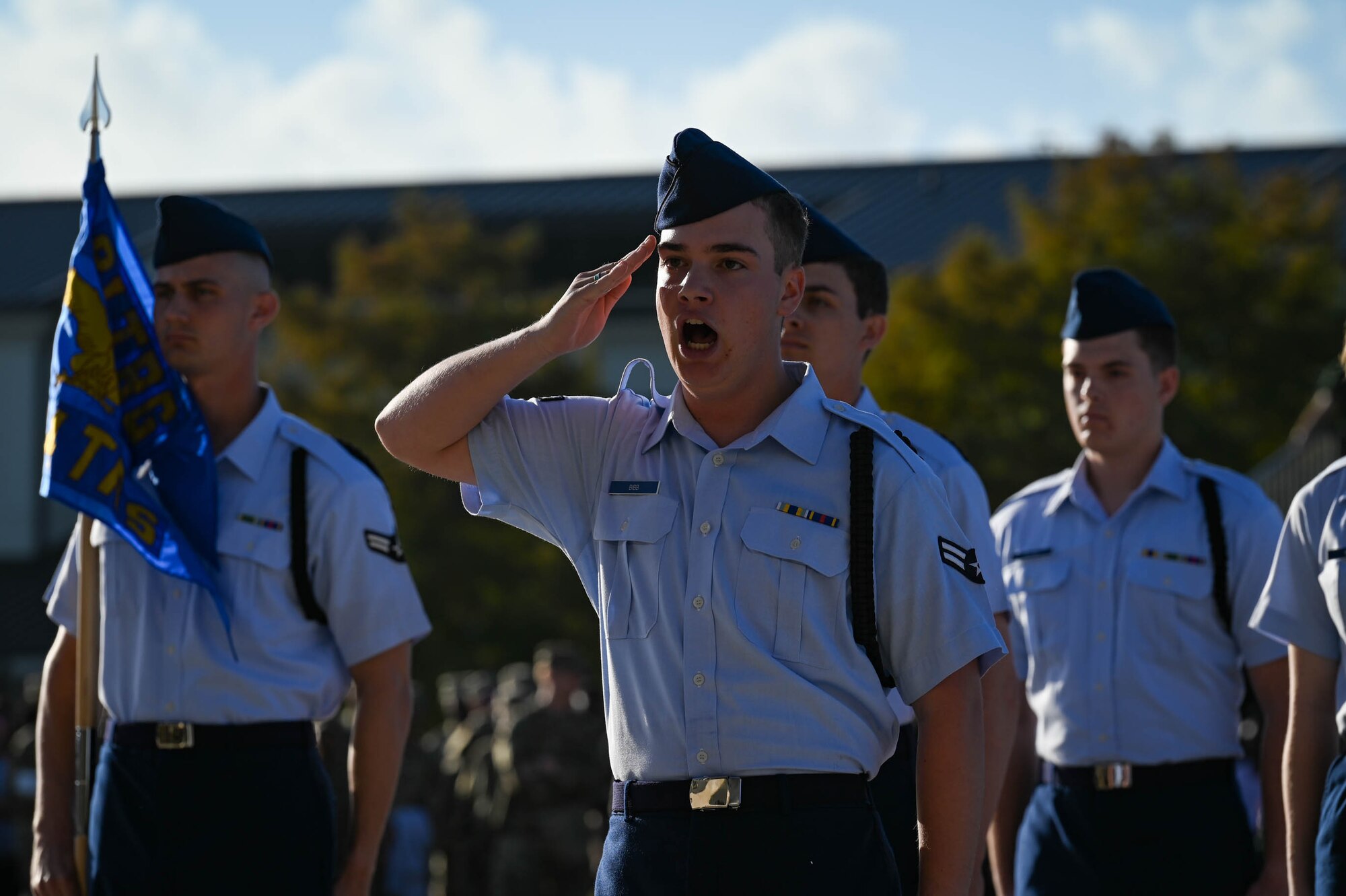 A member of the 81st Training Group reports to 81st TRG leadership for permission to begin his team’s regulation drill demonstration at the Fourth Quarter Drill Down competition at the Levitow Training Support Facility drill pad on Keesler Air Force Base, Mississippi, Oct. 27, 2023.