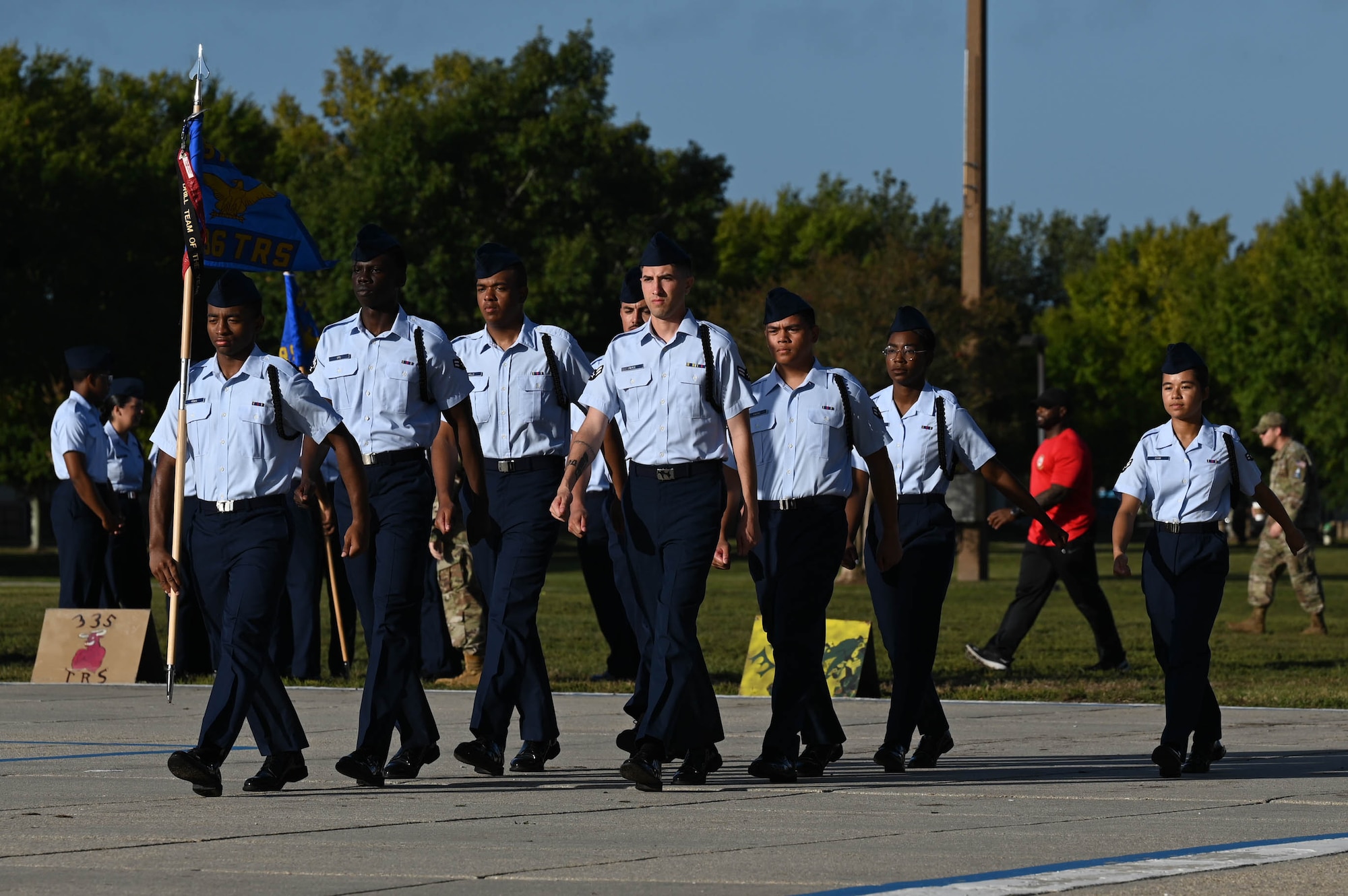 Members of the 81st Training Group perform in regulation drill at the Fourth Quarter Drill Down competition at the Levitow Training Support Facility drill pad on Keesler Air Force Base, Mississippi, Oct. 27, 2023.