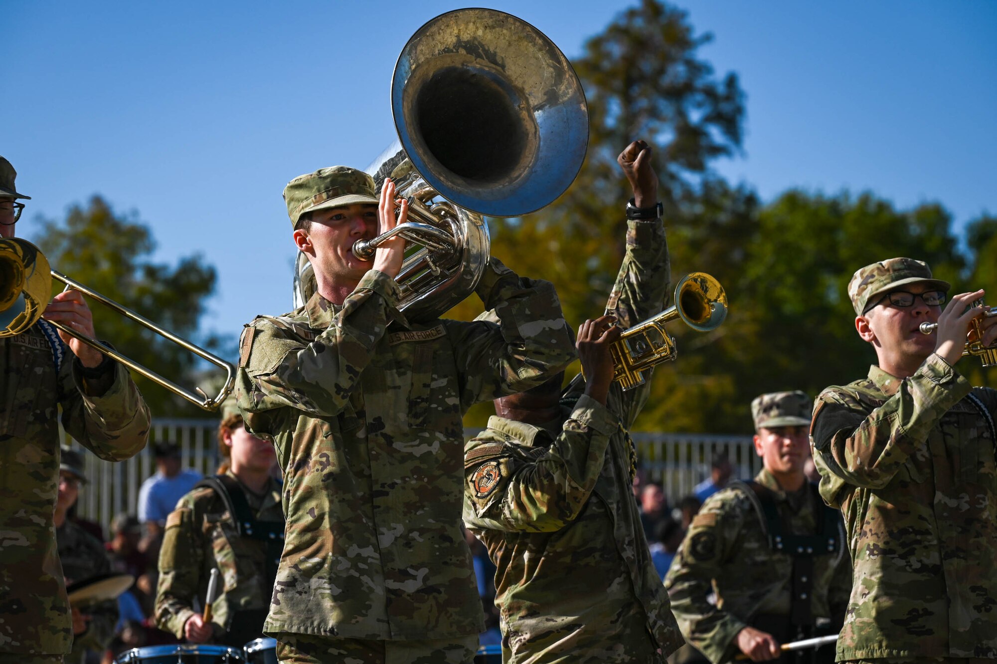 Airmen from the 81st Training Group band perform at the Fourth Quarter Drill Down competition at the Levitow Training Support Facility drill pad on Keesler Air Force Base, Mississippi, Oct. 27, 2023.