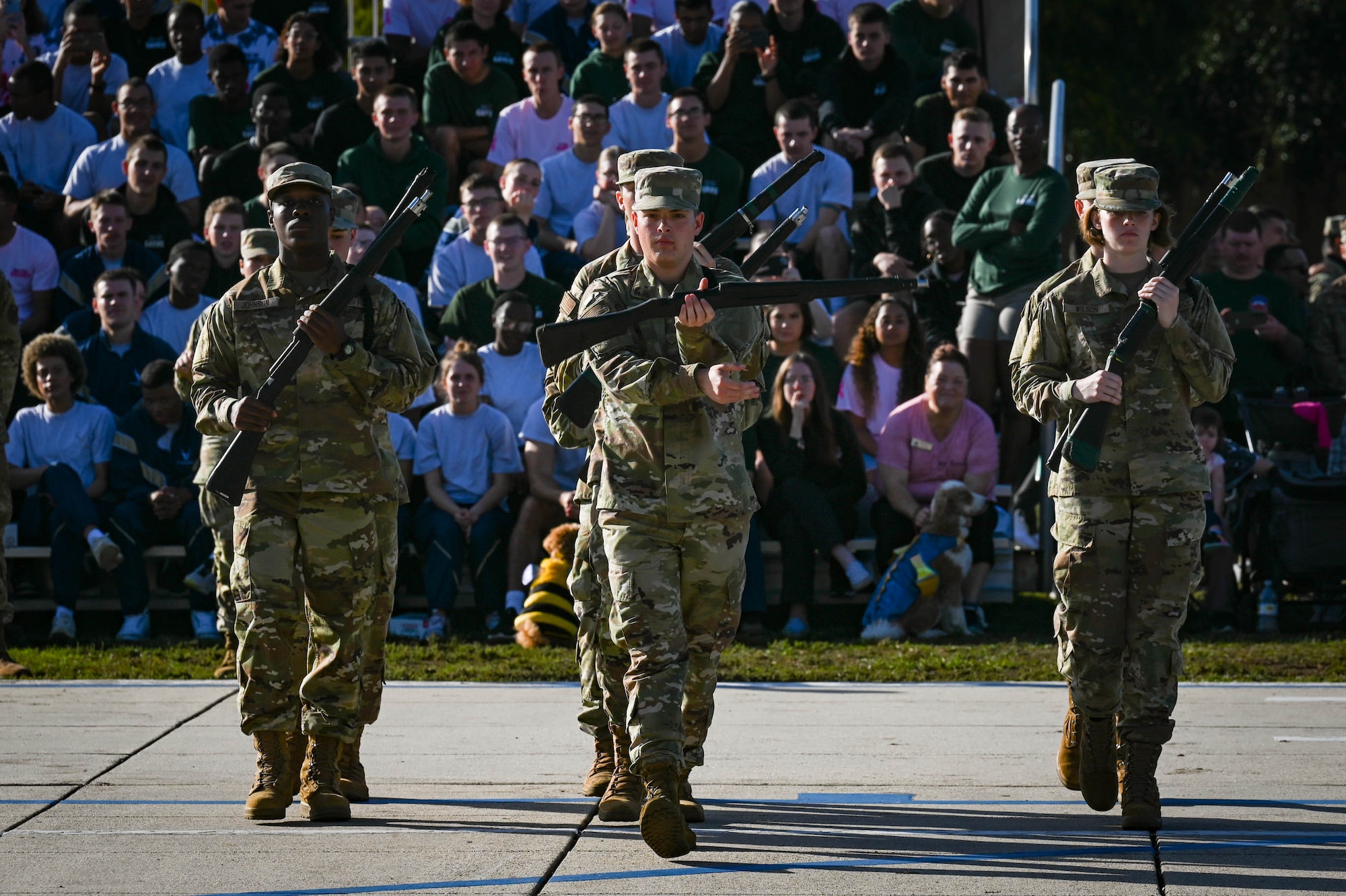 Airmen from the 334th Training Squadron perform a freestyle drill routine at the Fourth Quarter Drill Down competition at the Levitow Training Support Facility drill pad on Keesler Air Force Base, Mississippi, Oct. 27, 2023.