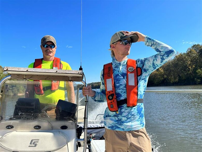 Richard Allen, left, U.S. Army Corps of Engineers, Mobile District Data Collection Unit technical lead and Chase Ferrell, Hydrologic Technician, scout for fish sampling locations on the lower Alabama River in Camden, Alabama, Nov. 20, 2023. The Mobile District along with the U.S. Fish and Wildlife Service, were trolling the lower Alabama River in search of sturgeon and rare fish species. (Courtesy photo)