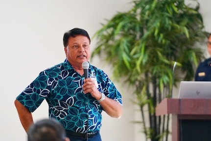 Ignacio Peredo, director of the Guam Customs and Quarantine Agency, offers thanks for support from participants of the U.S. Coast Guard Forces Micronesia/Sector Guam hosted second annual Industry Day on Nov. 20, 2023, in Guam. Following the success of the inaugural session in 2022, this event further strengthened the collaboration between the U.S. Coast Guard and the maritime industry. The day's agenda included insightful presentations and discussions led by U.S. Coast Guard officials and industry experts. Topics ranged from domestic vessel inspection and maritime cybersecurity to modernization updates from the Port of Guam. This Industry Day is significant for the U.S. Coast Guard and the maritime industry. It provides a unique platform for a mutual exchange of ideas and challenges, helping to build a stronger, more informed maritime community. (U.S. Coast Guard photo by Chief Warrant Officer Sara Muir)