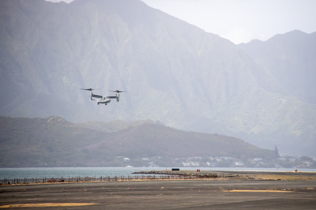 U.S. Marines with Marine Medium Tiltrotor Squadron (VMM) 363, Marine Aircraft Group 24, 1st Marine Air Wing, return home from a five month deployment to Marine Corps Air Station Kaneohe Bay, Hawaii, Nov. 14, 2023. VMM-363 deployed to Marine Rotational Force Darwin 23 and worked alongside Allies and partners to enhance regional security and increase readiness for crisis response and contingency in the Indo-Pacific region. (U.S. Marine Corps photo by Lance Cpl. Logan Beeney)