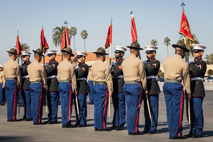 U.S. Marine Corps drill instructors with Alpha Company, 1st Recruit Training Battalion, participate in a graduation ceremony at Marine Corps Recruit Depot San Diego, Nov. 17, 2023. Graduation took place at the completion of the 13-week transformation, which included training for drill, marksmanship, basic combat skills, and Marine Corps customs and traditions. (U.S. Marine Corps photo by Lance Cpl. Jacob B. Hutchinson)