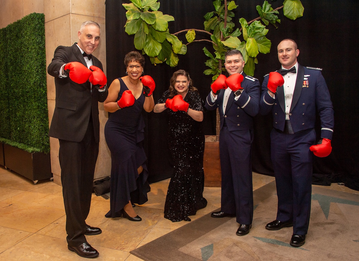 Fight Tonight finalists including (from left) Aaron Stevenson, chief of commercial integration at SSC, Anita McCorvey, director of SSC’s Space Sensing Product Support Delta, Sage Andorka, deputy branch chief and chief engineer, SSC Cross Mission Data, Lt. Col. Patrick “Ralph” Lookabaugh, director, Joint Commercial Operations, Electromagnetic Spectrum Operations (JCO EMSO), and Capt. Benny Berezin, Deputy Branch Chief of SSC Persistent Tactical Surveillance,  await the announcement of Space Systems Command’s 2023 winner during the Space Force Ball, Nov. 17 in Beverly Hills, Calif. (U.S. Space Force Photo by Van Ha)