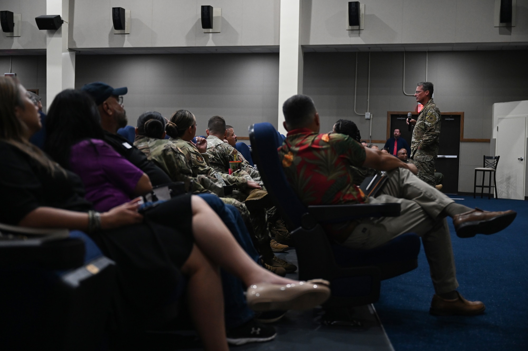 U.S. Air Force Brig. Gen. Thomas Palenske, 36th Wing commander, answers a question during a townhall event at Andersen Air Force Base, Guam, Nov. 17, 2023.