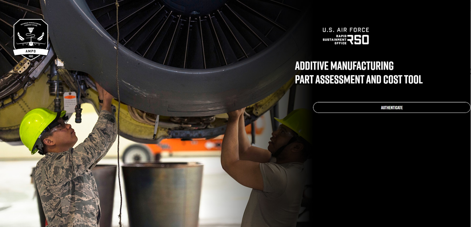 Graphic shows two people working on an airplane engine.
