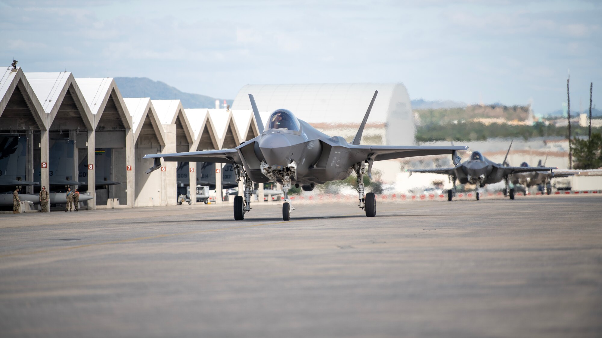 F-35A Lightning II aircraft assigned to the 4th Fighter Squadron, Hill Air Force Base, Utah, arrive at Kadena Air Base, Japan, Nov. 20, 2023. The 4th FS will be joining the 356th Fighter Squadron from Eielson AFB, Alaska, in providing forward-deployed, fifth-generation fighter capabilities to assure allies and deter threats in the Indo-Pacific region. (U.S. Air Force photo by Staff Sgt. Jessi Roth)