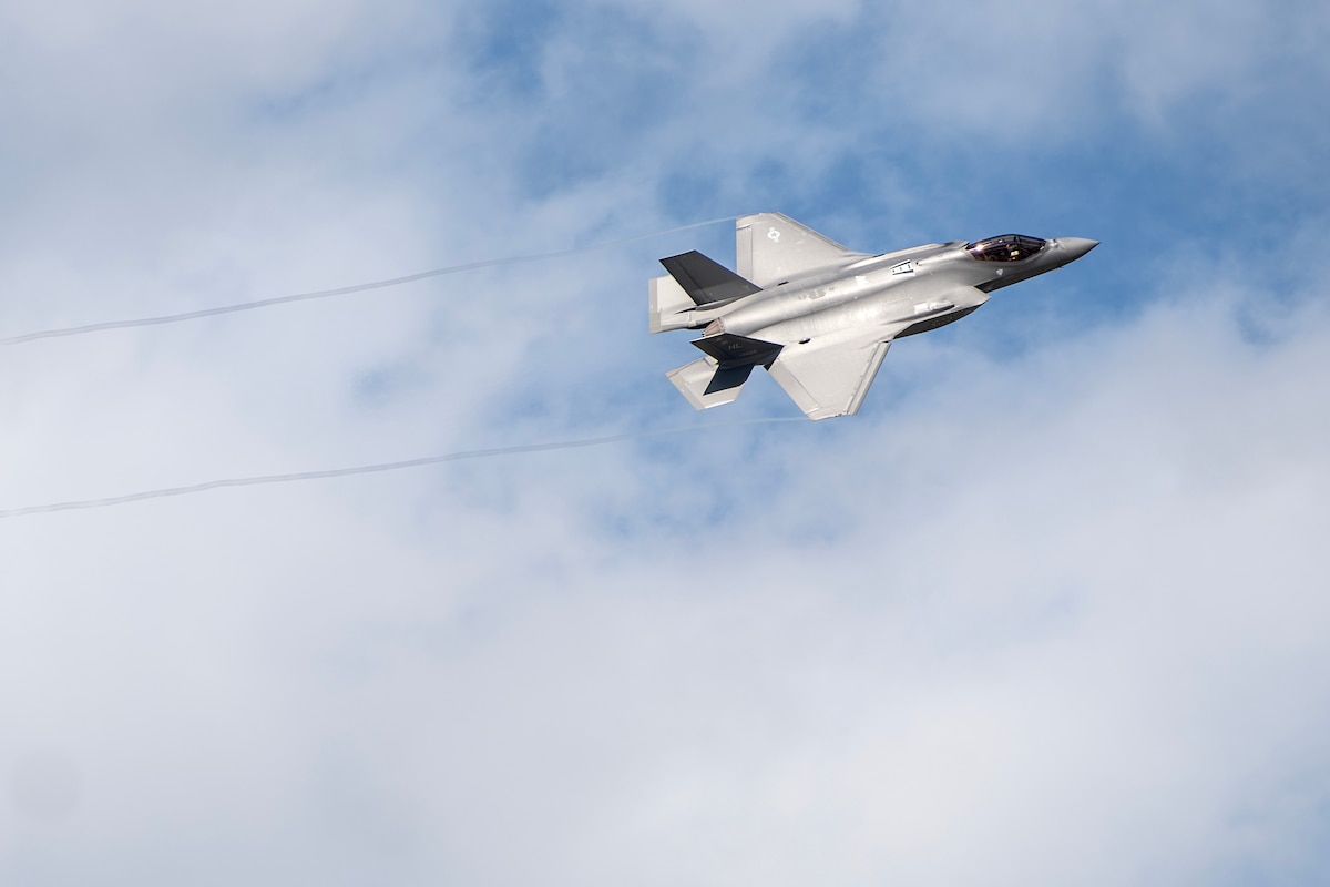 An F-35A Lightning II assigned to the 4th Fighter Squadron, Hill Air Force Base, Utah, flies overhead at Kadena Air Base, Japan, Nov. 20, 2023. The F-35A is an agile, versatile, high-performance, multi-role fighter that combines stealth, sensor fusion and unprecedented situational awareness. (U.S. Air Force photo by Staff Sgt. Jessi Roth)