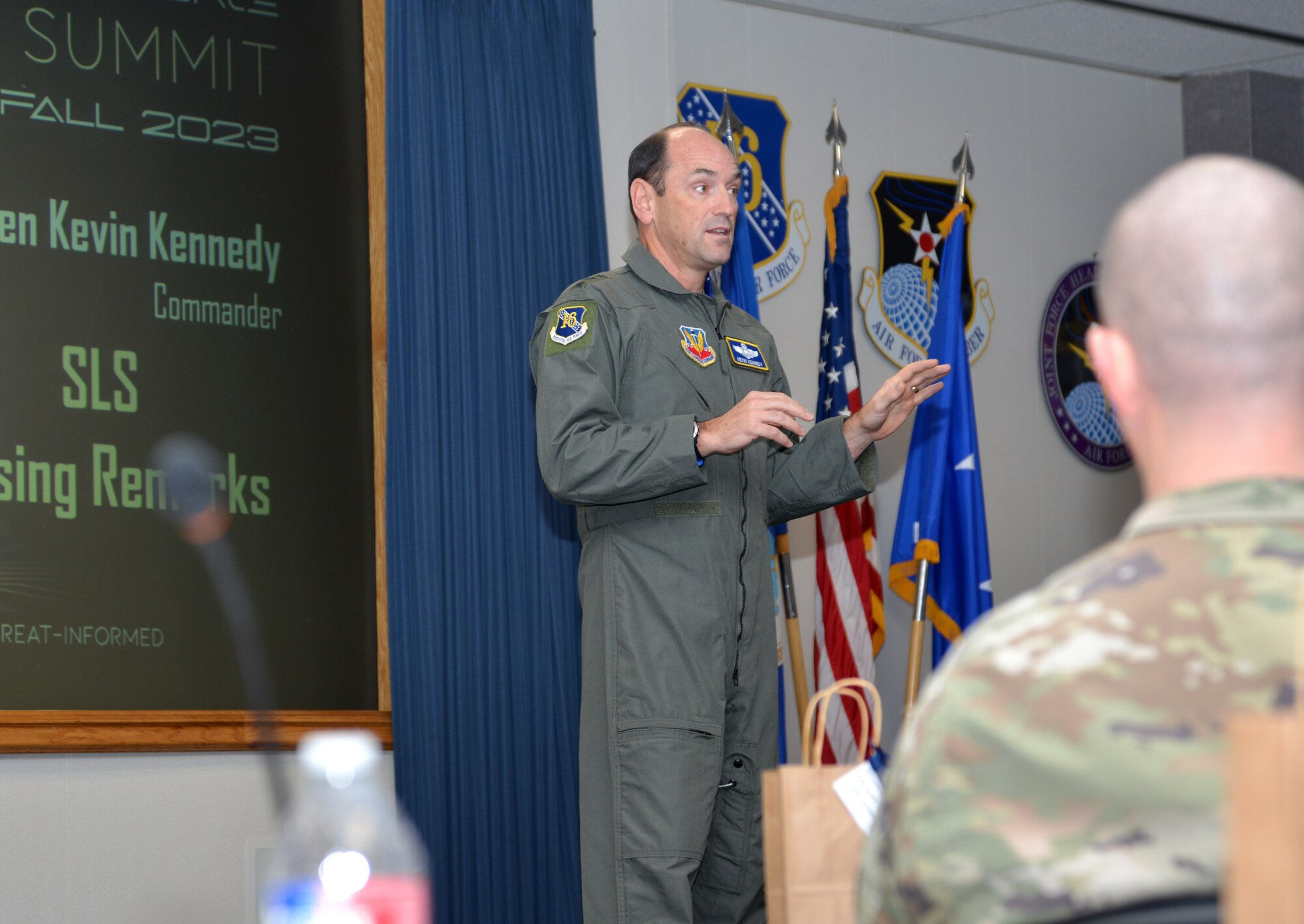 Chief Master Sgt. Robert Hopkins, 16th Air Force command chief, provides closing remarks for the 2023 Senior Leader Summit at Joint Base San Antonio, Texas, Nov. 9, 2023.