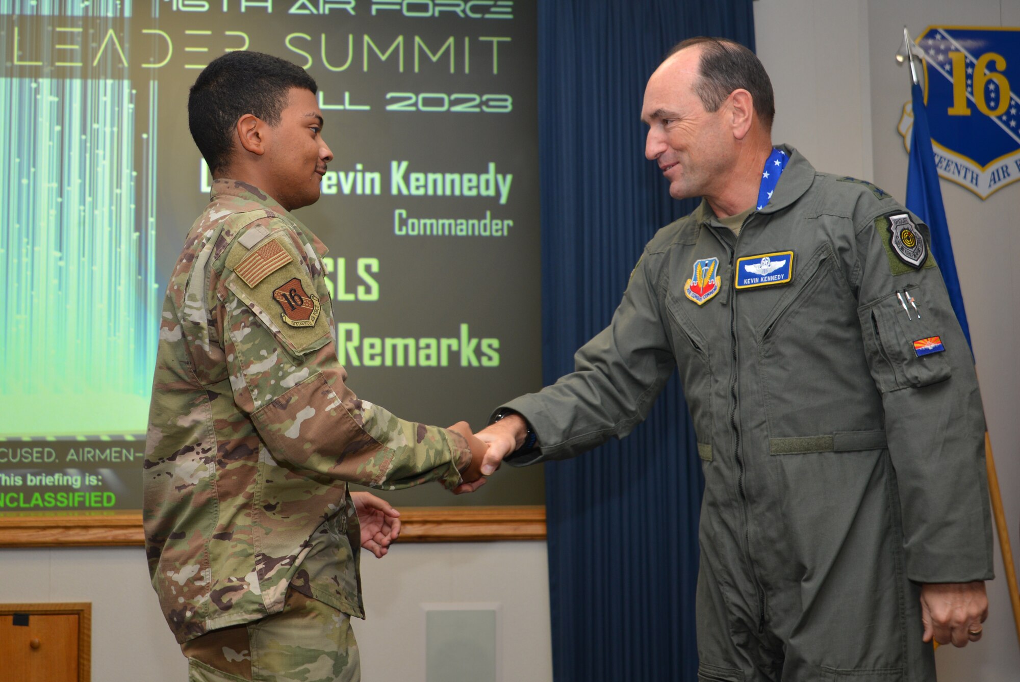 Chief Master Sgt. Robert Hopkins, 16th Air Force command chief, provides closing remarks for the 2023 Senior Leader Summit at Joint Base San Antonio, Texas, Nov. 9, 2023.