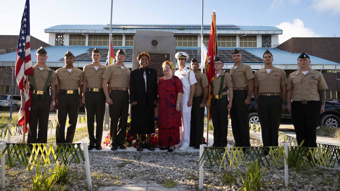 Participants of the 80th Tarawa Commemoration Ceremony pose for a group photo on Betio Island, Tarawa Atoll, Republic of Kiribati, Nov. 22, 2023.