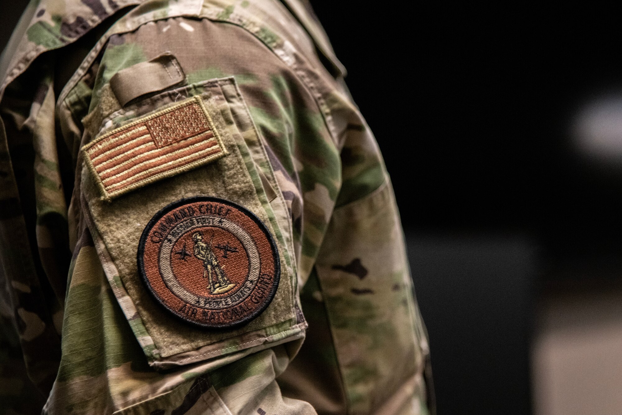 A photo of a U.S. Air Force patch for the office of the Air National Guard command chief attached to the uniform of Chief Master Sgt. Maurice L. Williams.