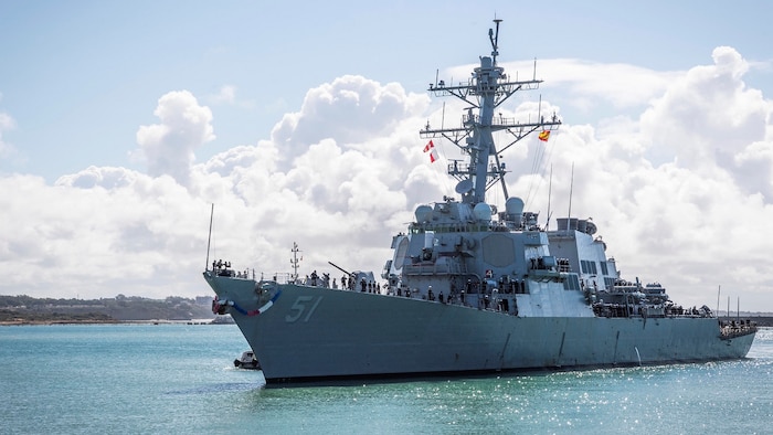 210411-N-KH151-0004 NAVAL STATION ROTA, Spain (Apr. 11, 2021) - The Arleigh Burke-class guided-missile destroyer, USS Arleigh Burke (DDG 51), arrives at Naval Station (NAVSTA) Rota, Apr. 11, 2021. Arleigh Burke’s arrival marked the completion of her homeport shift to NAVSTA Rota from Naval Station Norfolk. (U.S. Navy photo by Mass Communication Specialist 2nd Class Eduardo Otero)