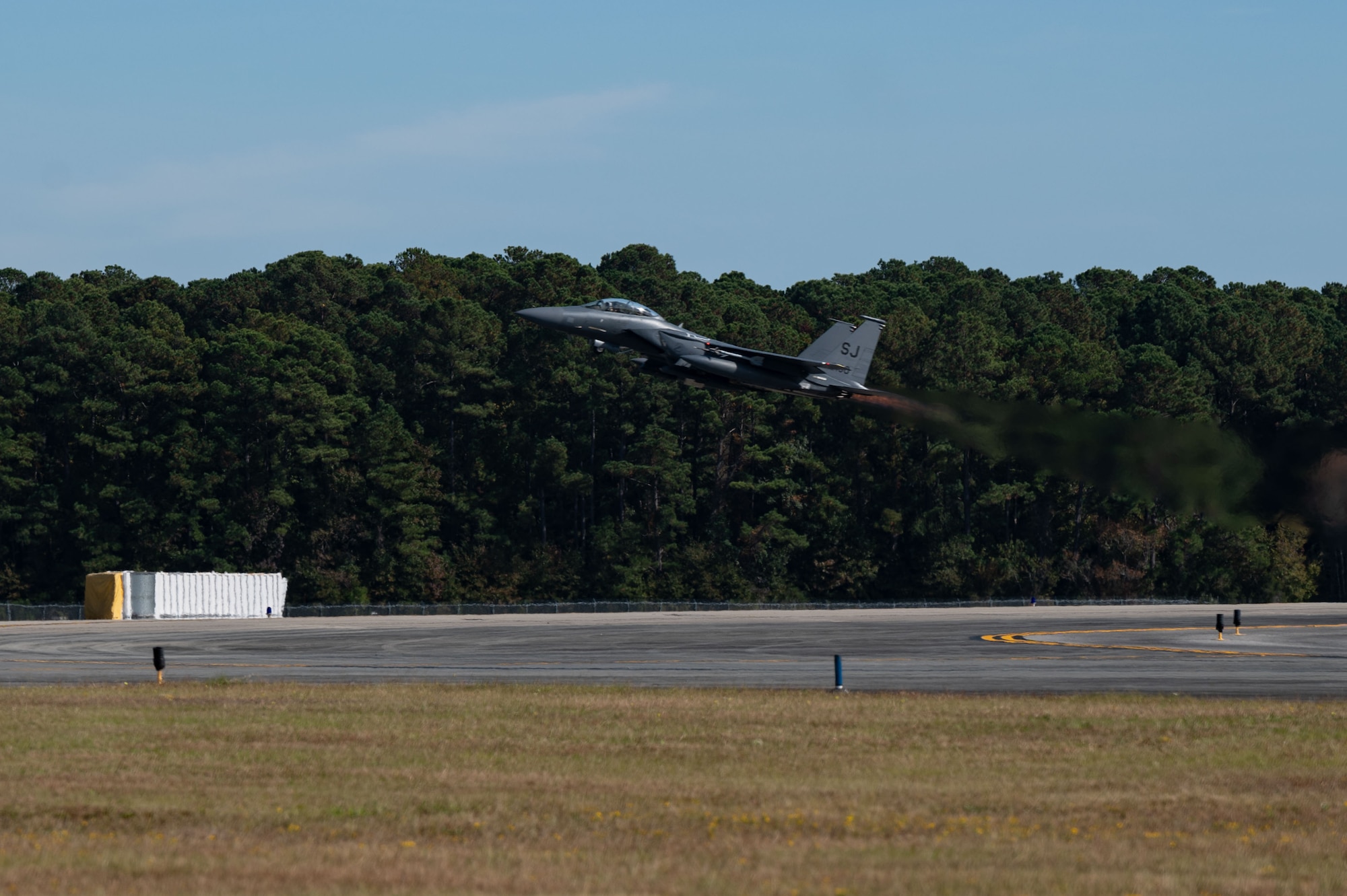 U.S. Air Force F-15E Strike Eagles assigned to the 4th Fighter Wing at Seymour Johnson Air Force Base, North Carolina, take off during Razor Talon 24-1 at Myrtle Beach International Airport, South Carolina November 14, 2023. Exercise Razor Talon tests the skills Airmen acquire in Multi-Capable Airman and Agile Combat Employment training, ensuring they can execute their primary mission while also overcoming obstacles not affiliated with their Air Force Specialty Code. (U.S. Air Force photo by Airman 1st Class Rebecca Sirimarco-Lang)
