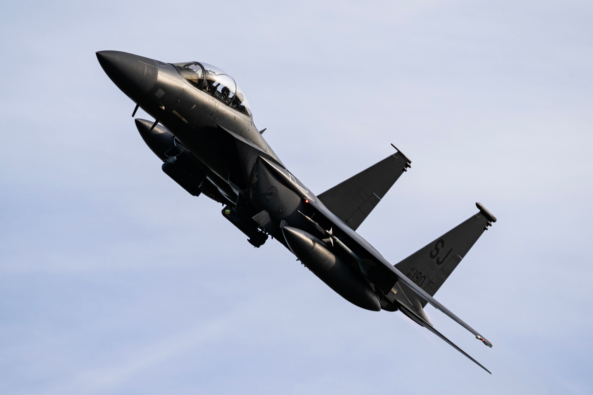 A U.S. Air Force F-15E Strike Eagle, assigned to the 335th Fighter Squadron, Seymour Johnson Air Force Base, North Carolina, flies over Air Force Dare Bombing Range, North Carolina, Nov. 16, 2023, for Exercise Razor Talon 24-1. RT-24 is an agile combat employment focused exercise, designed to test the 4th Fighter Wing's ability to operate as a lead wing to generate combat airpower while continuing to move, maneuver, sustain the wing and subordinate force elements in a dynamic contested environment. (U.S. Air Force photo by Staff Sgt. Devin M. Rumbaugh)