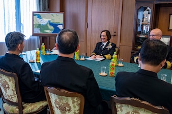 TOKYO (Nov. 22, 2023) – Chief of Naval Operations Adm. Lisa Franchetti meets with Adm. Ryo Sakai, Chief of Maritime Staff, Japanese Self-Defense Force, during their visit to the Ministry of Defense in Tokyo, Nov. 22. Franchetti and Master Chief Petty Officer of the Navy James Honea visited with leaders and Sailors in 7th Fleet to highlight Franchetti's priority of strengthening the Navy team. (U.S. Navy photo by Chief Mass Communication Specialist Amanda R. Gray)