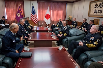 TOKYO (Nov. 22, 2023) – Chief of Naval Operations Adm. Lisa Franchetti and Master Chief Petty Officer of the Navy James Honea meet with Japan Chief of the Joint Staff Gen. Yoshihide Yoshida during their visit to the Ministry of Defense in Tokyo, Nov. 22. Franchetti and Honea visited with leaders and Sailors in 7th Fleet to highlight Franchetti's priority of strengthening the Navy team. (U.S. Navy photo by Chief Mass Communication Specialist Amanda R. Gray)