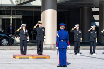 TOKYO (Nov. 22, 2023) – Chief of Naval Operations Adm. Lisa Franchetti participates in a Guard of Honor ceremony at the Ministry of Defense in Tokyo, Nov. 22. Franchetti and Master Chief Petty Officer of the Navy James Honea visited with leaders and Sailors in 7th Fleet to highlight Franchetti's priority of strengthening the Navy team. (U.S. Navy photo by Chief Mass Communication Specialist Amanda R. Gray)