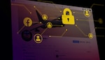 An illustration of a Facebook account overlaid with the Facebook logo and other security icons.