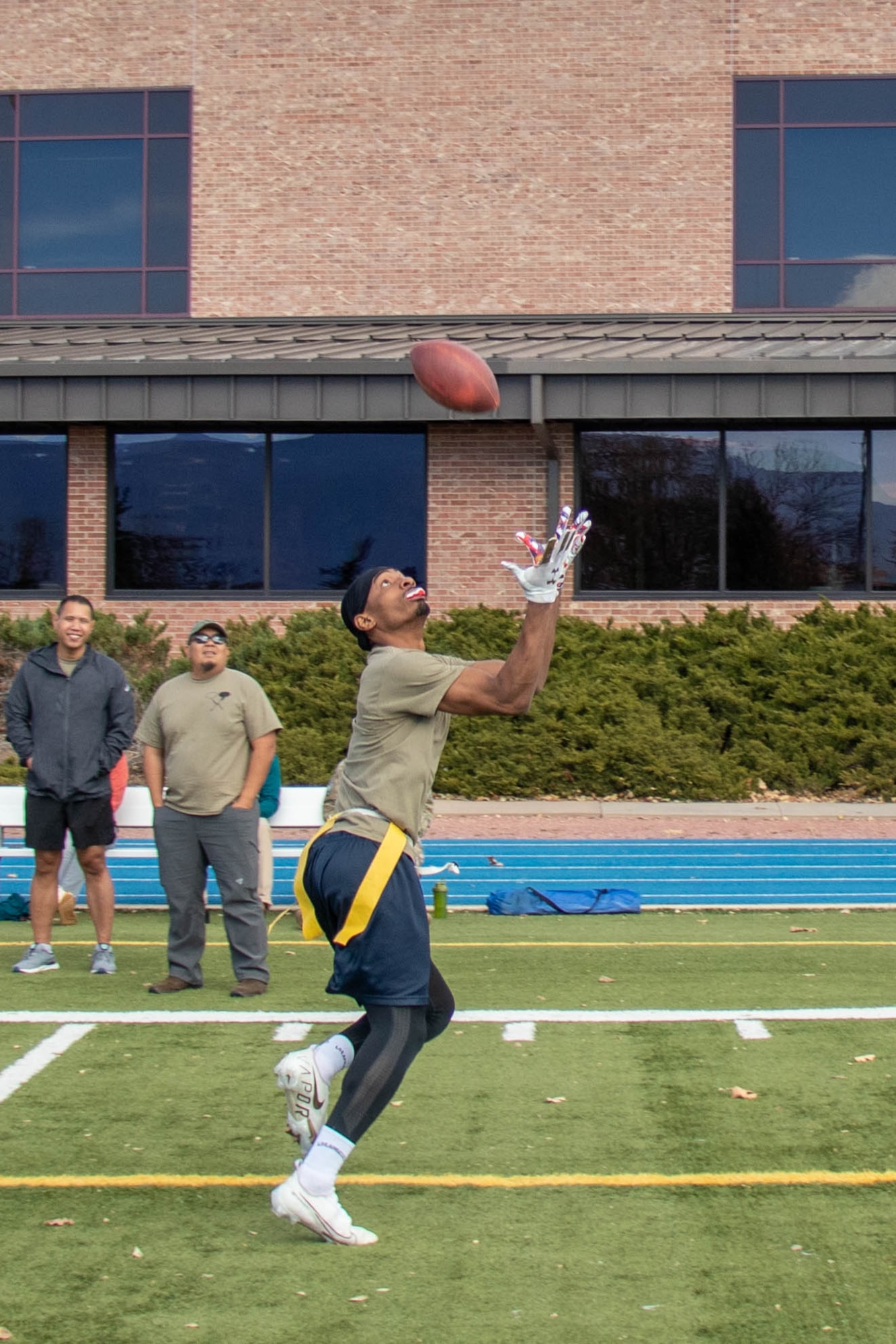 U.S. Space Force Sgt. Tyrelle Shepherd goes long for the touch down during a flag football game between the 23d Electromagnetic Warfare Squadron and the 5th EWS during Space Delta 3 – Space Electromagnetic Warfare’s annual Turkey Bowl at Peterson Space Force Base Nov. 16, 2023. Shepherd, a member of the 5th EWS, would go on to score 10 points during the first game of the tournament. (U.S. Space Force photo by Emily Peacock)