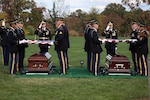 Soldiers from the 3rd U.S. Infantry Regiment (Honor Guard) provide full military honors during the joint funeral of U.S. Army Air Forces 2nd Lt. Porter M. Pile and Tech. Sgt. James M. Triplett at Arlington National Cemetery, Washington D.C., Oct. 31, 202. Both were assigned to the 700th Bombardment Squadron, 445th Bombardment Group, 2nd Air Division, 8th Air Force. On Sept. 27, 1944, the B-24H Liberator bomber on which they were serving was part of a large mission to bomb the industrial city Kassel in northern Hesse, Germany. During the mission, the formation of aircraft encountered heavy resistance from enemy ground and air forces, which resulted in the rapid loss of 25 Liberators. They were honored and buried alongside each other in a double interment ceremony. (U.S. Army photo by Sgt. Ashleigh Maxwell)