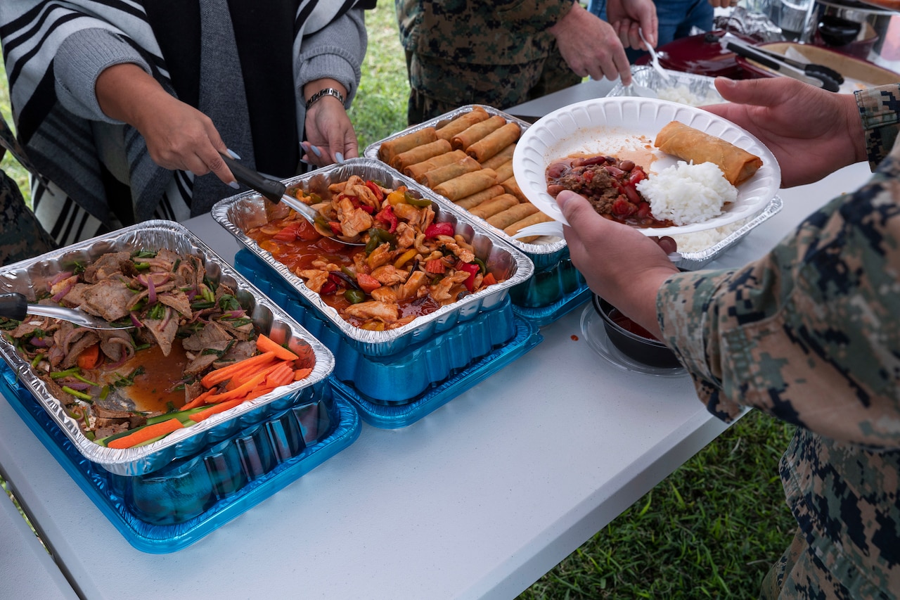 Close-up of Thanksgiving buffet offerings.