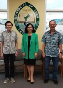 UH Mānoa College of Engineering Professor Marvin Young and Cliff Imamura, PHNSY engineering manager, meet with University of Guam President Anita Borja Enriquez.