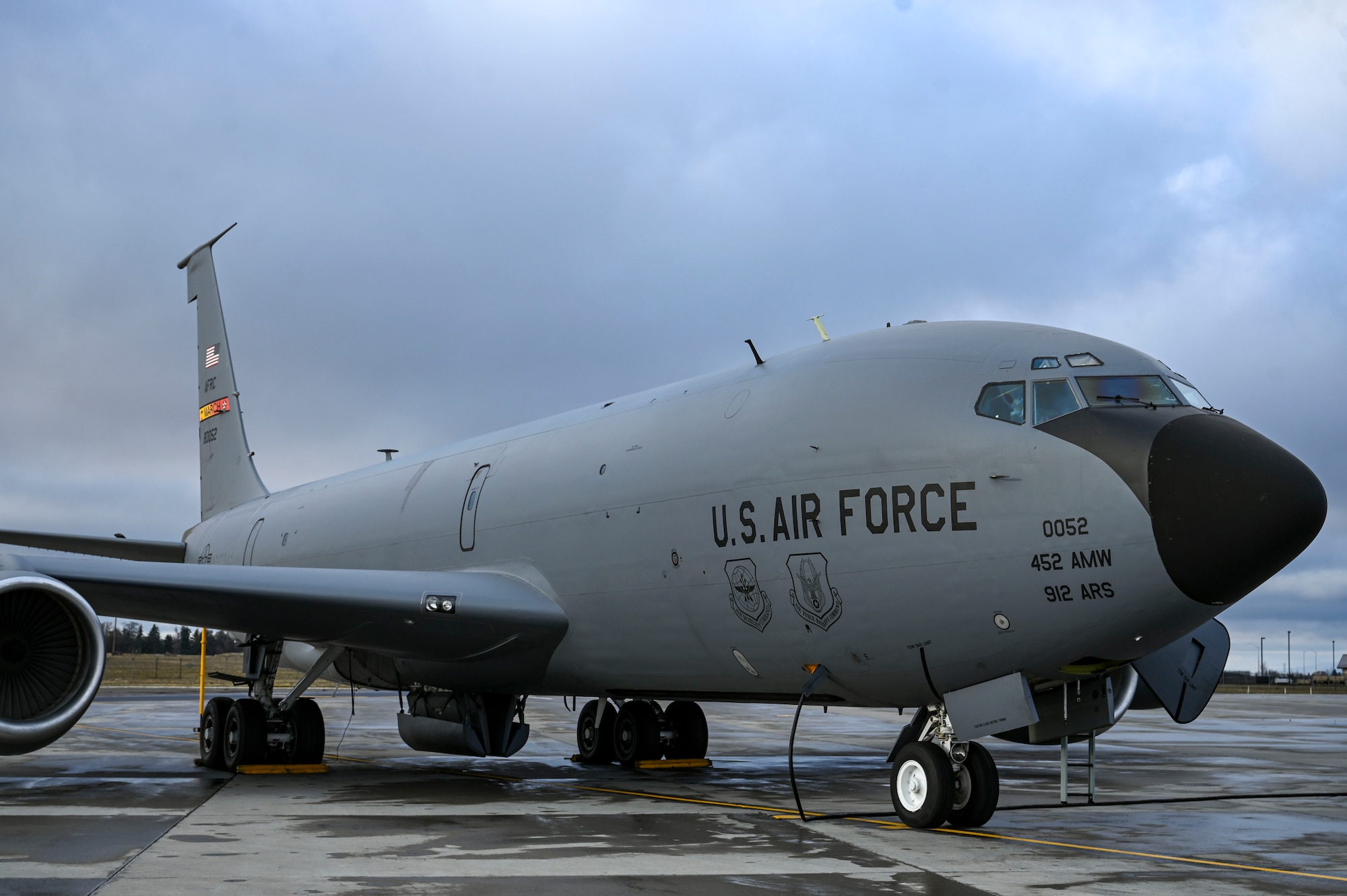 An aircraft sits on the flightline.
