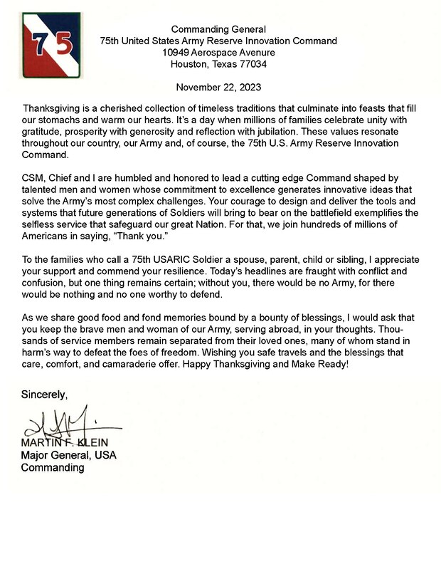 Maj. Gen. Martin F. Klein, commanding general, 75th United States Army Reserve Innovation Command, wishes all Americans a Happy Thanksgiving.