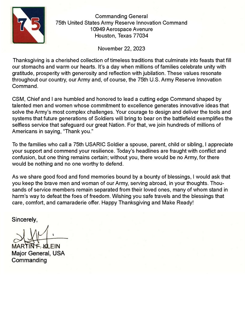 Maj. Gen. Martin F. Klein, commanding general, 75th United States Army Reserve Innovation Command, wishes all Americans a Happy Thanksgiving.