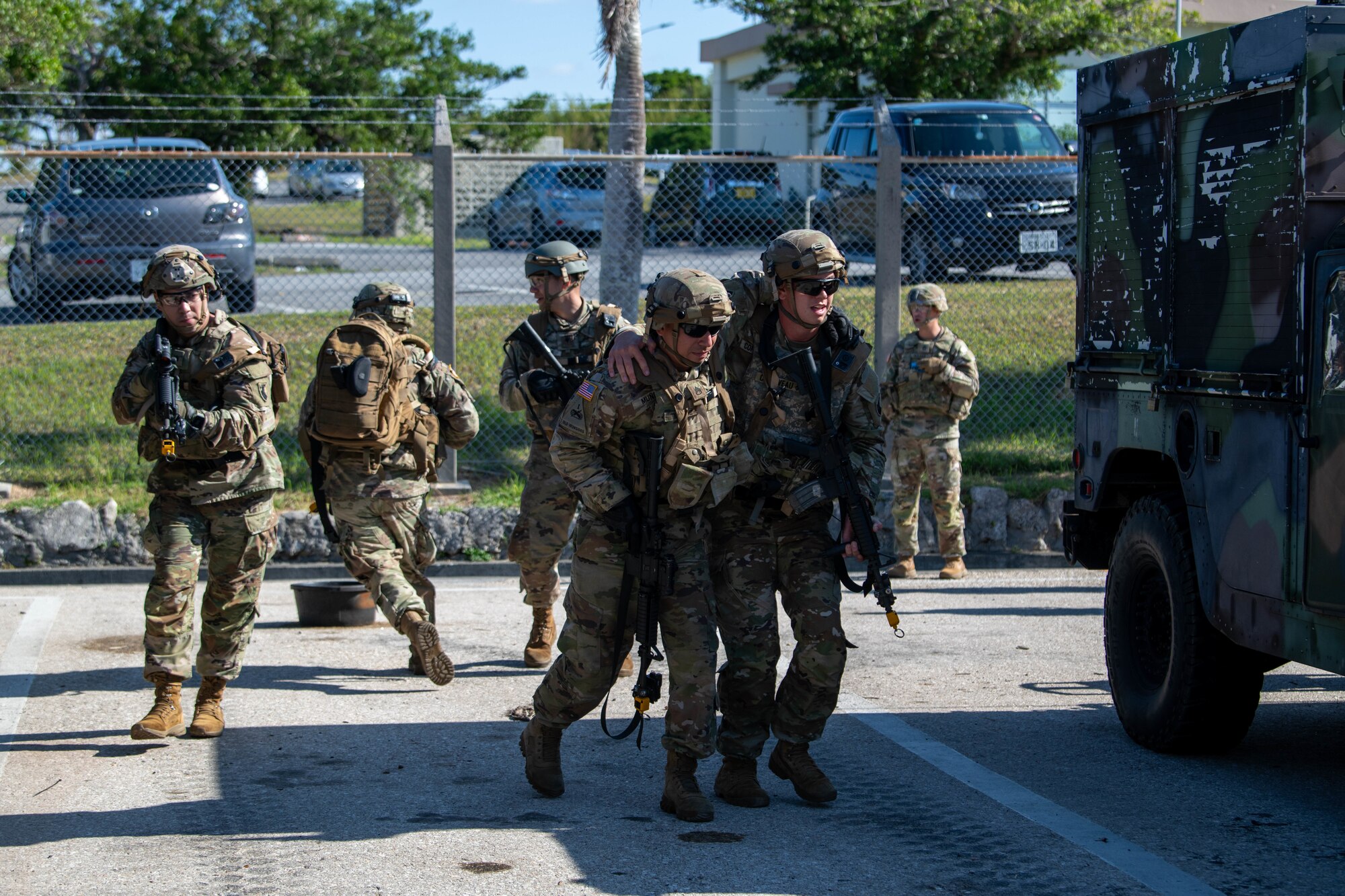 U.S. Army soldiers performing casualty retrieval during exercise