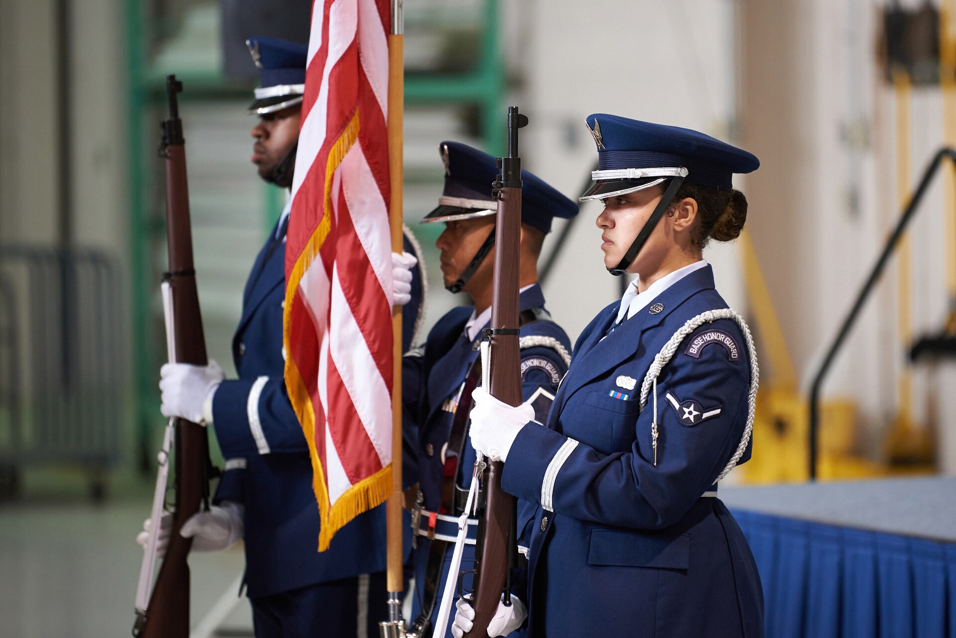 The 123rd Airlift Wing Color Guard presents the colors during the retirement ceremony of Chief Master Sgt. Danny Gregory at the Kentucky Air National Guard Base in Louisville, Ky., Sept. 9, 2023. Gregory retired as the senior enlisted leader of the 165th Airlift Squadron’s Flight Engineer Section after more than 40 years in the military. (U.S. Air National Guard photo by Phil Speck)