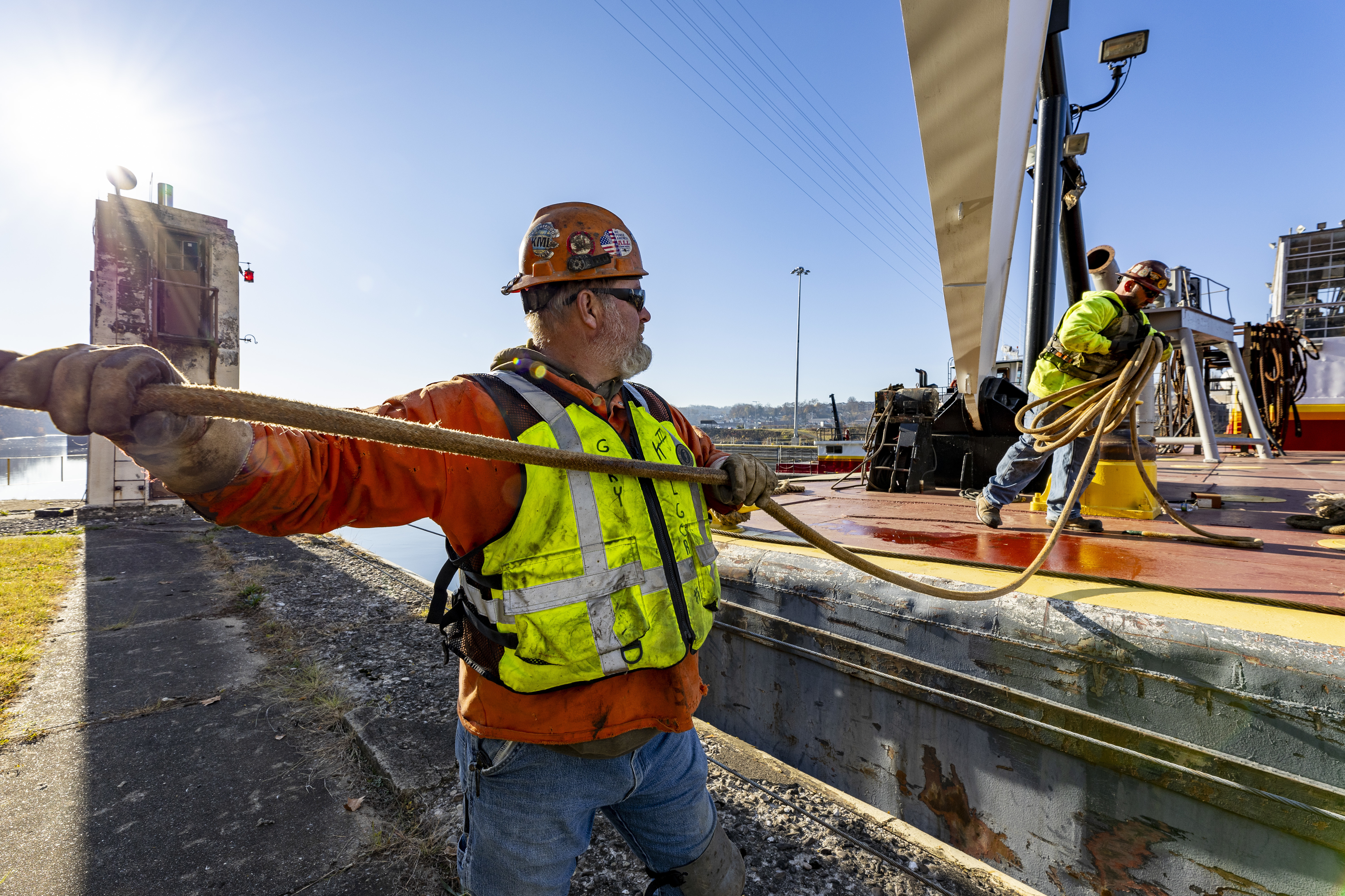 Contractors working for the U.S. Army Corps of Engineers Pittsburgh District install a 23-foot-tall concrete shaft enclosure weighing approximately 120,000 pounds as part of the guard wall at the Monongahela River Locks and Dam 4 in Charleroi, Pennsylvania, Nov. 16, 2023.